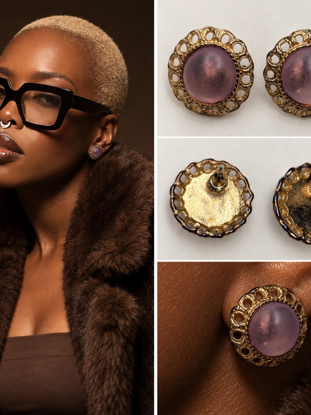 Vintage Purple Cabochon Gold-Tone Openwork Stud Earrings – Approx. 1 Inch